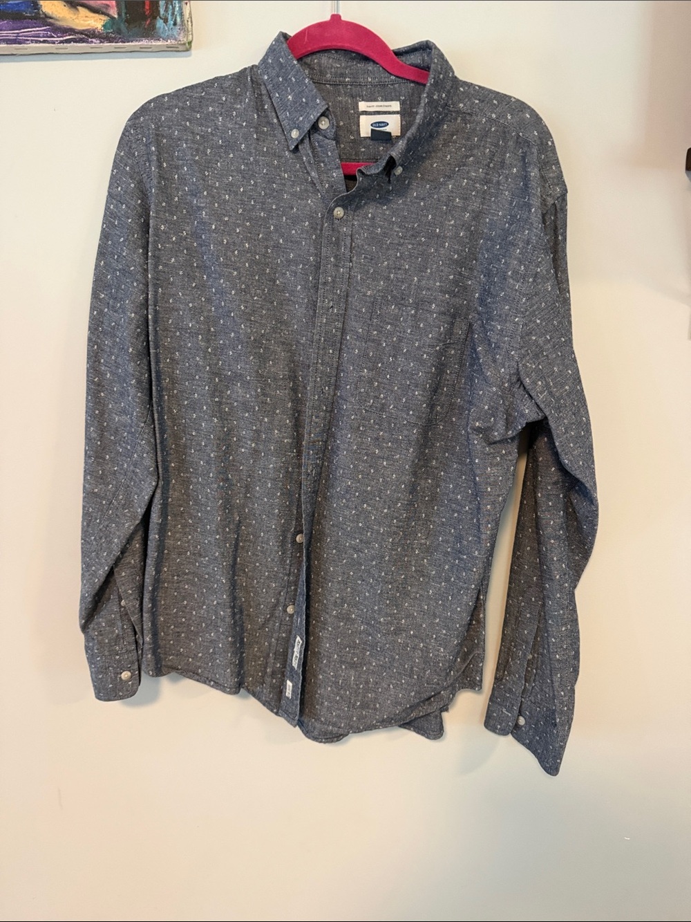 Old Navy Navy Button-Up Shirt with White Micro Dot Print
